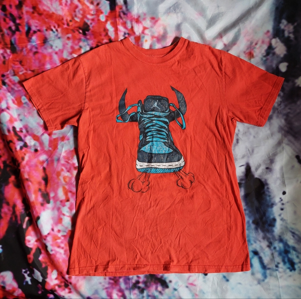 Jordan Orange Short Sleeve Tee with Blue Sneaker Graphic
